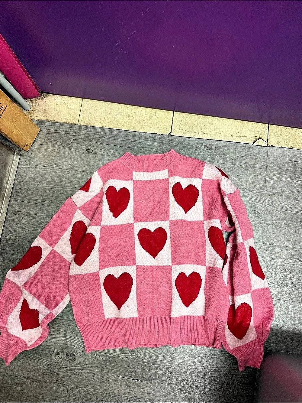 Pink & Red Heart Checkered Sweater Like New